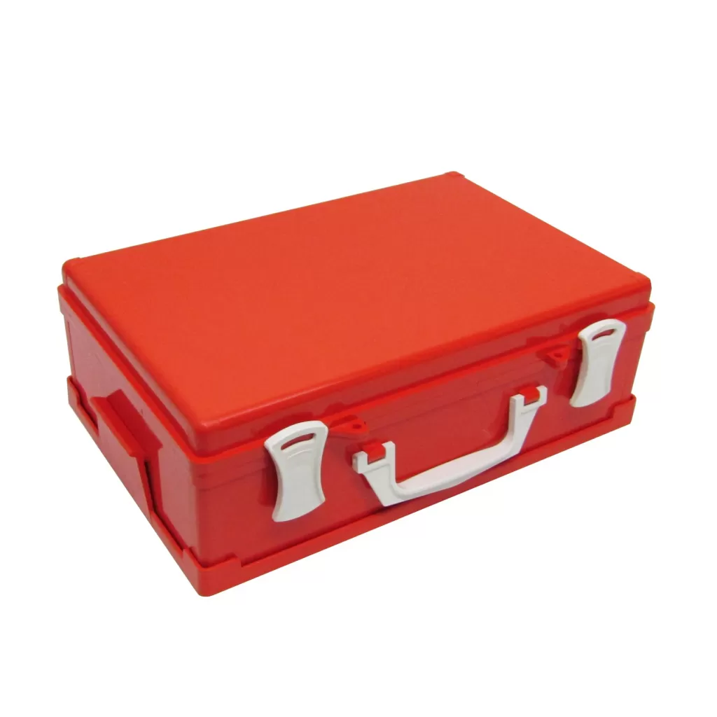 Orange plastic pharmacy with wall-mounted base